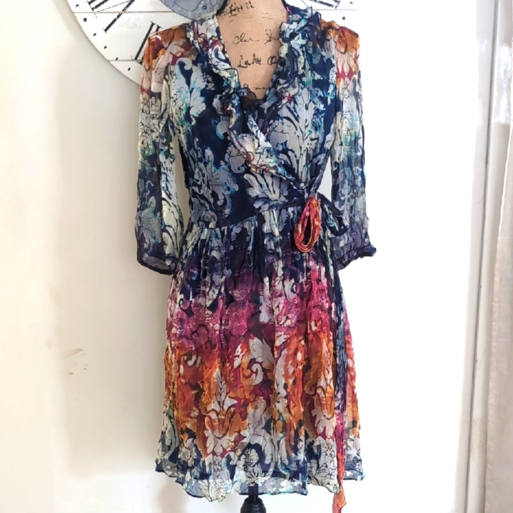 100% Silk DESIGNER Multicolor Wrap Dress By Oleg Cassini Size 10